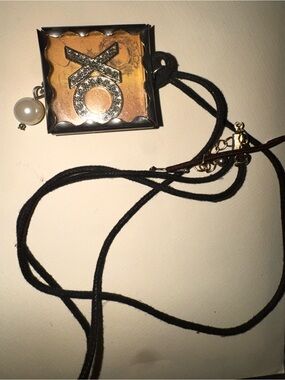 Square Pendant Necklace with Pearl Charm - Black and Gold tone